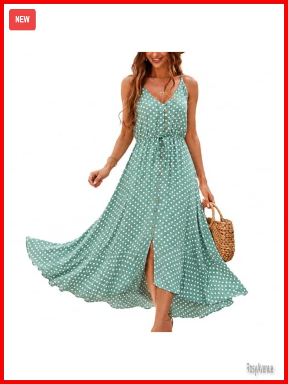 Boho Sundress Polka Dot Spaghetti Strap V Neck Flowy Midi Viscose Summer Dress